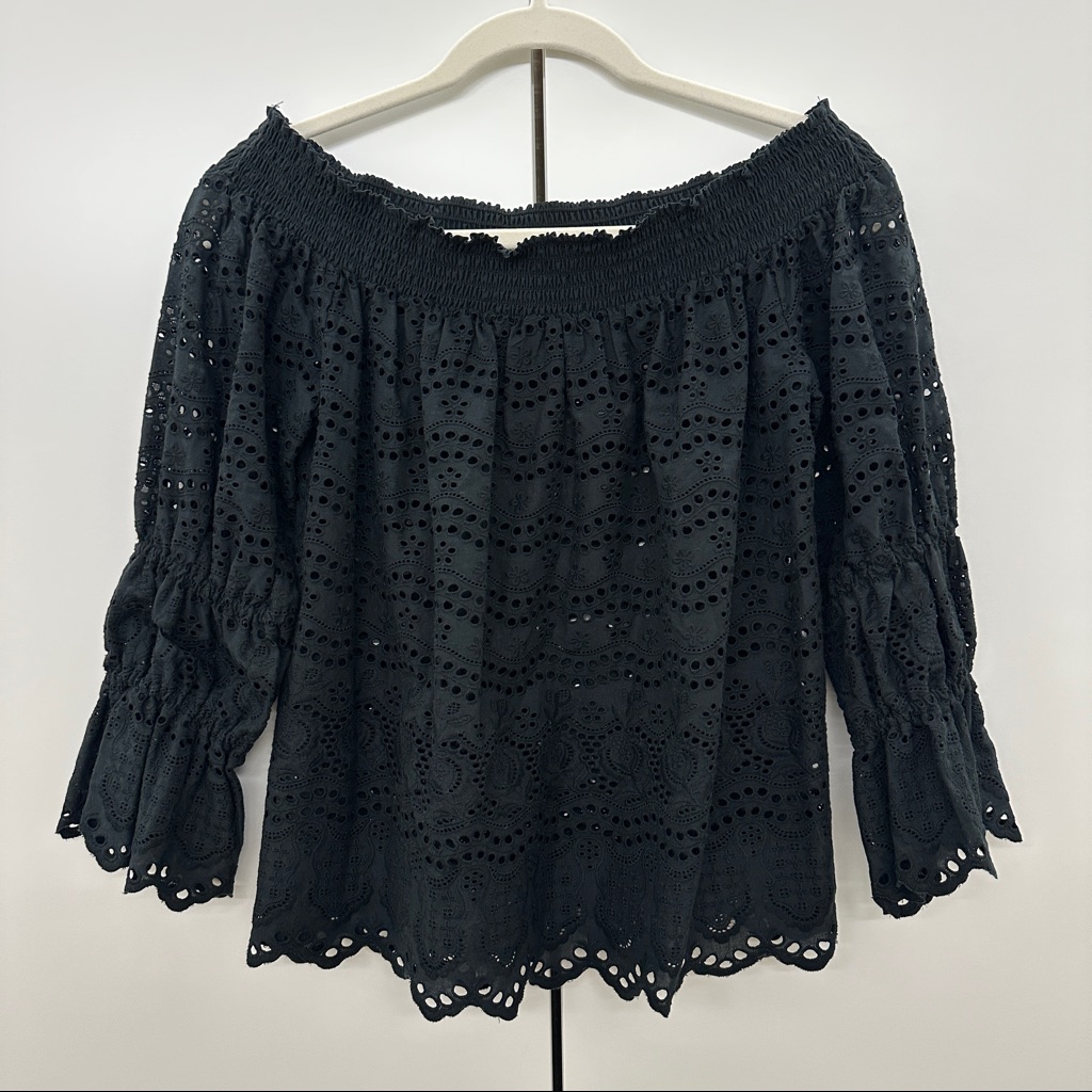 Loveshackfancy Black Cotton Eyelet Off-The-Shoulder Blouse Top Sz Small
